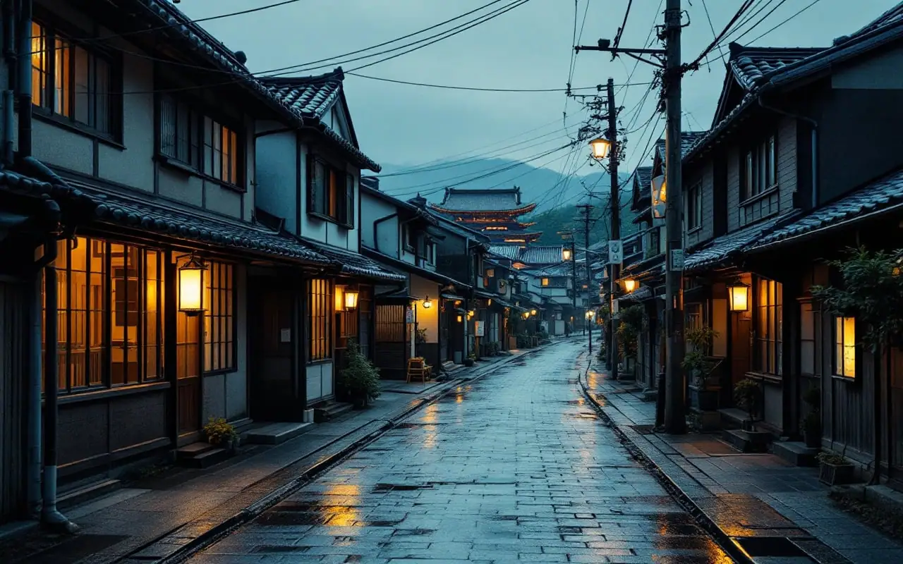 夕暮れどき、町家の並ぶ京都の通り