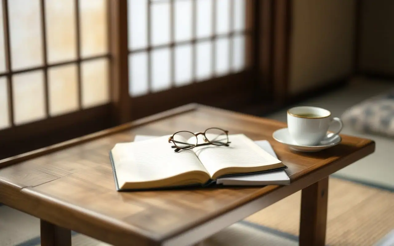 町家の座敷の低い机に、開いたノートと老眼鏡、緑茶の湯のみが並んでいる