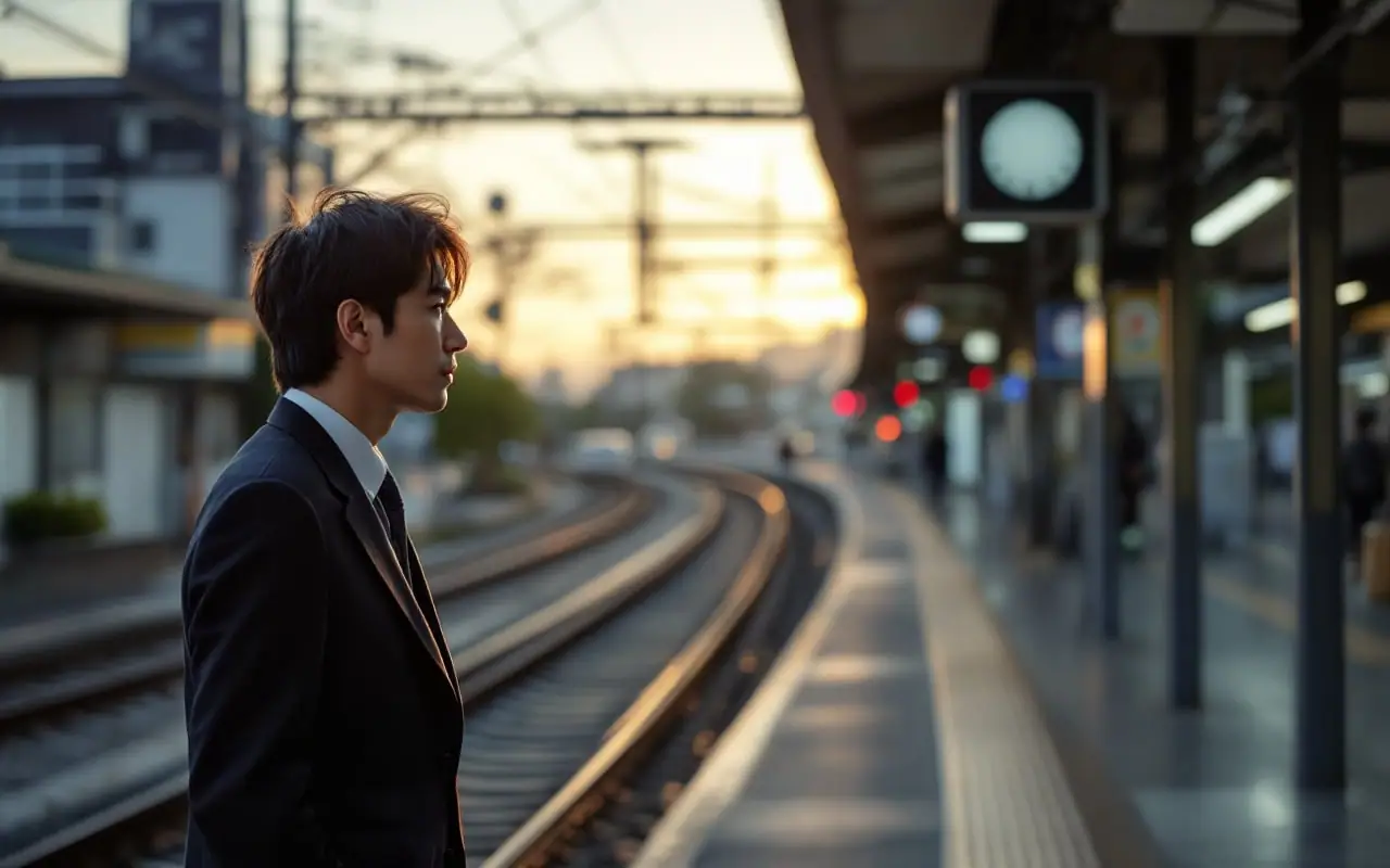 夕方の駅のホームで、帰りの電車を待ちながら遠くを見る会社員の横顔