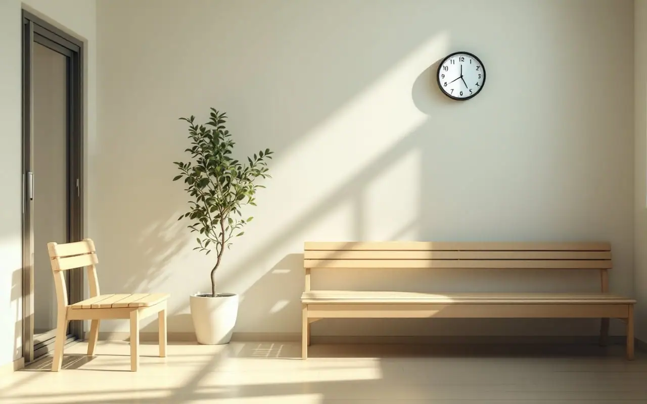 午後のやわらかな光が差しこむ、人のいない静かな待合室と壁の時計