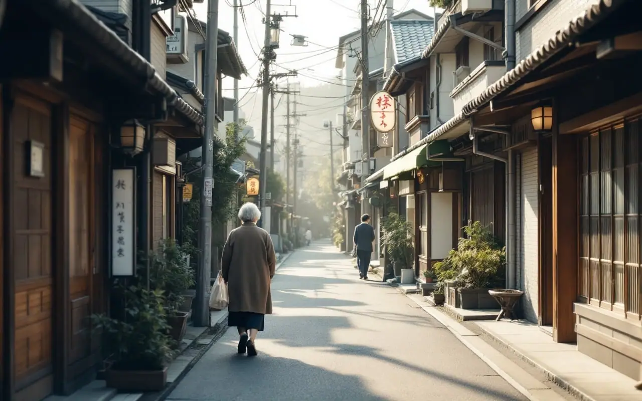 朝の京都の静かな通りを、町家の前を通って歩いていく年配の女性の後ろ姿