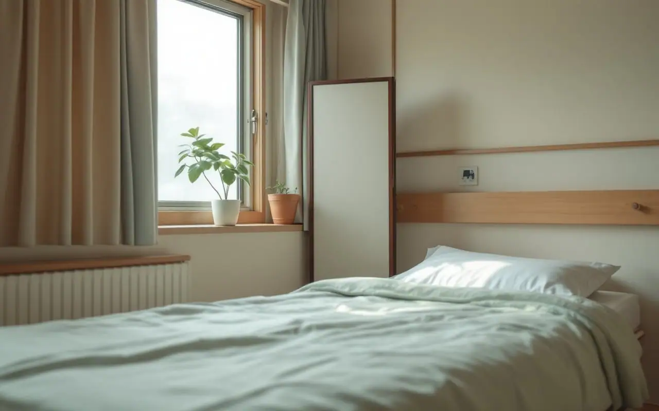 朝の光が差し込む学校の保健室。ついたてと窓辺の小さな鉢植え、整えられたベッドが見える