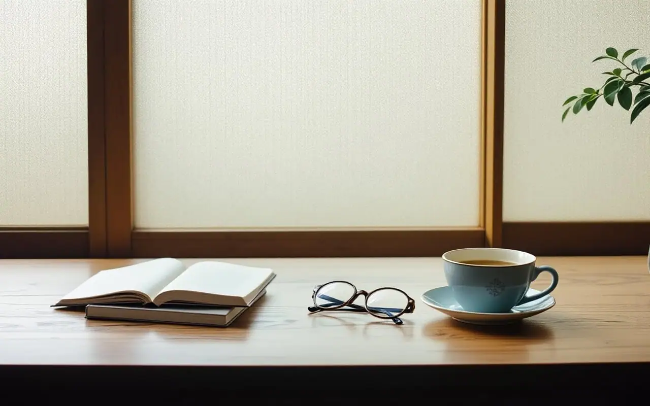 障子越しの光が差す木の机に置かれた本と眼鏡、湯のみ