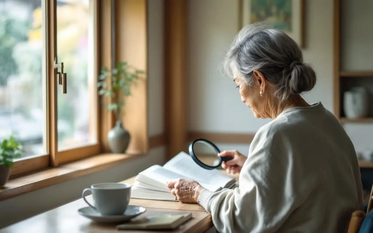 明るい窓辺の机で、拡大鏡を使って本を読む年配の女性の後ろ姿