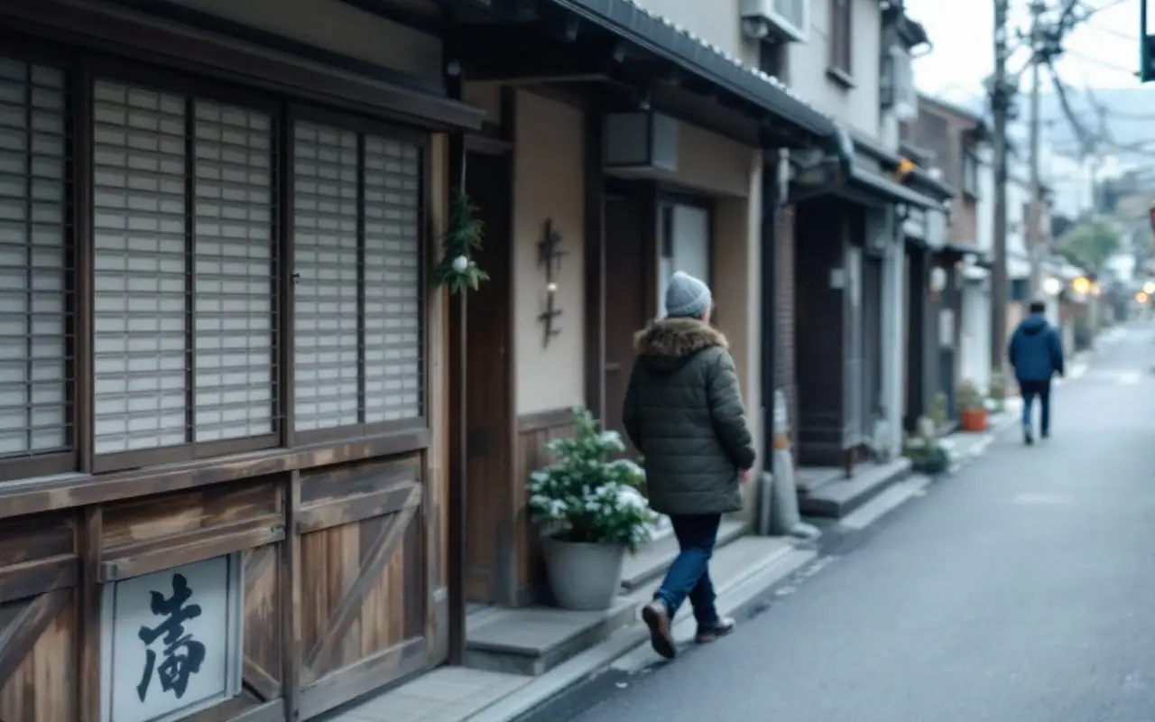 年の瀬の朝、格子戸を閉めた町家が並ぶ京都の静かな路地を歩く人の後ろ姿