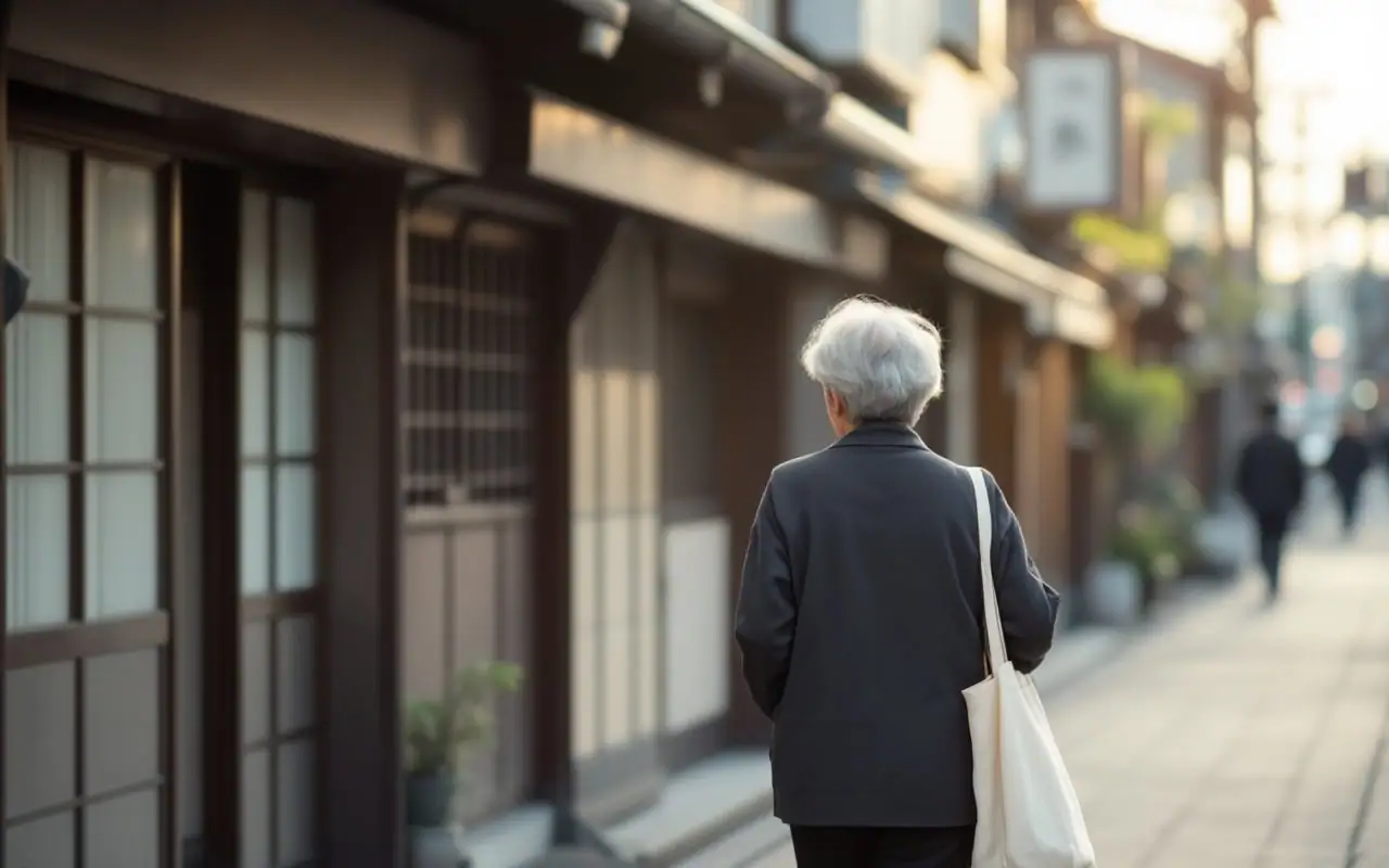 夕方の京都の町家が並ぶ細い通りを、布の手提げを持った女性がゆっくり歩いていく後ろ姿